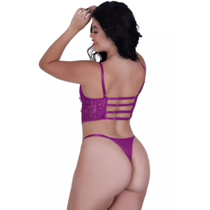 Conjunto Cropped Barbatana Rendado sem Bojo com Calcinha Recortes