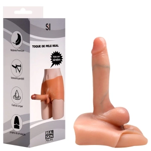 Cueca Cinta Peniana em Silicone com Pênis Reto e Escroto Realista 16cm