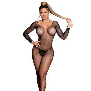 Macacão Arrastão Manga Longa com Strass Bodystocking