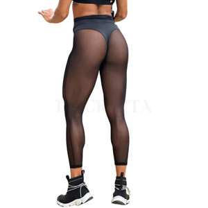 Calça Legging Fitness Sexy com Pernas em Tule Transparente