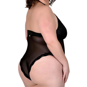 Body Plus Size Sexy em Lycra e Tule com Transparência Preto