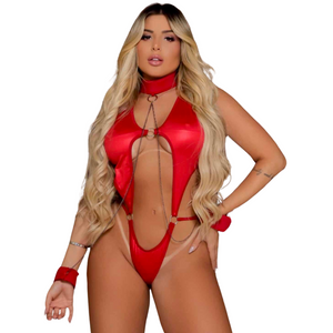 Body em Cirrê Vermelho com Coleira e Algema