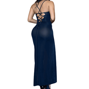 Vestido Sexy Longo em Tule com Transparência Fenda e Amarração nas Costas