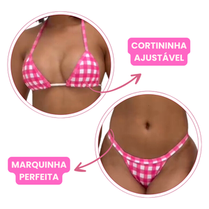 Conjunto Biquíni Cortininha Sem Bojo Xadrez Fita Fio Dental