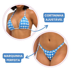 Conjunto Biquíni Cortininha Sem Bojo Xadrez Fita Fio Dental