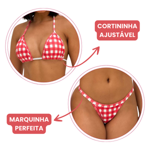 Conjunto Biquíni Cortininha Sem Bojo Xadrez Fita Fio Dental