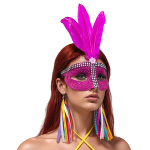 Máscara de Carnaval Glitter com Strass e Pena Colorida