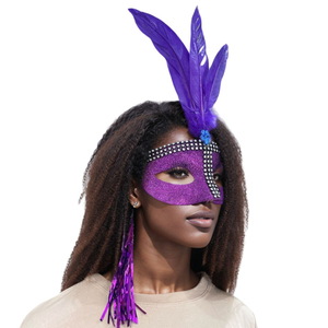 Máscara de Carnaval Glitter com Strass e Pena Colorida