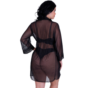 Robe em Tule e Renda Manga Longa Amarração Fita de Cetim