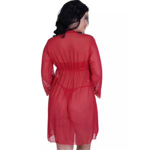 Robe em Tule e Renda Manga Longa Amarração Fita de Cetim