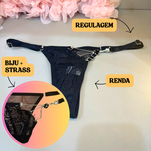 Calcinha Sensual de Luxo em Tule e Renda com Joia Frontal
