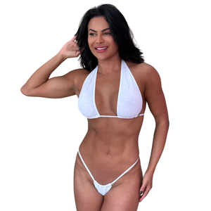 Conjunto Biquíni sem Bojo com Saída de Praia em Tule Detalhes em Bolinhas