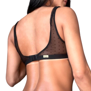Sutiã Vazado sem Bojo em Tule Poá e Detalhes em Renda e Argola
