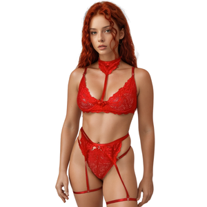 Conjunto Renda sem Bojo com Aro Regulagem Cinta Liga e Gargantilha Sexy