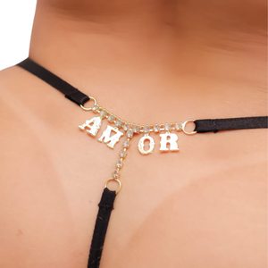 Calcinha Fio Dental Sexy em Renda Letras com Strass Preto