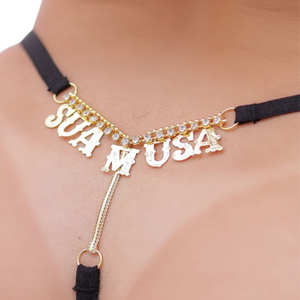 Calcinha em Arrastão Fio Dental Sexy Letras Com Strass Preto