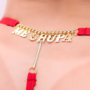Calcinha em Arrastão Fio Dental Sexy Letras Com Strass Vermelho