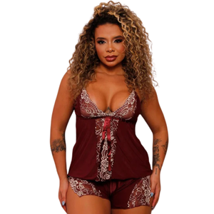 Baby Doll Bicolor Microfibra Detalhes em Renda Alças com Regulagem