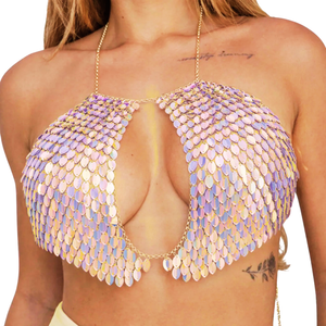 Top Sexy Metalizado Tela de Correntes com Detalhes de Folhas Brilhantes