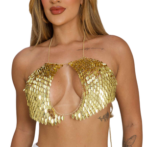 Top Sexy Metalizado Tela de Correntes com Detalhes de Folhas Brilhantes