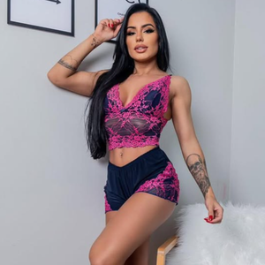 Baby Doll Cropped Bicolor em Renda e Microfibra