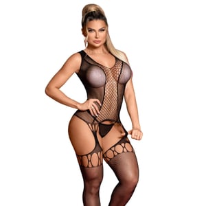 Macacão Arrastão com Decote Cinta Liga e Meia Integrada - Bodystocking