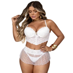 Conjunto Cropped com Bojo e Saia Tule Coração Sensual