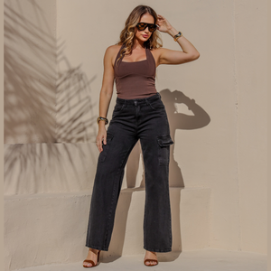Calça Wide Cargo Feminina Jeans - 2916