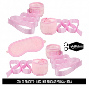 KIT BONDAGE - ALGEMAS E TORNOZELEIRAS COM TIRAS PARA AMARRAR E VENDA PELÚCIA ROSA