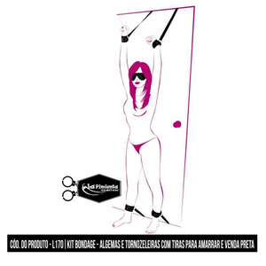 KIT BONDAGE - ALGEMAS E TORNOZELEIRAS COM TIRAS PARA AMARRAR E VENDA CORINO PRETA
