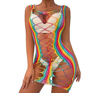Vestido Arrastão Rede Rainbow Curto Com Detalhes Vazados
