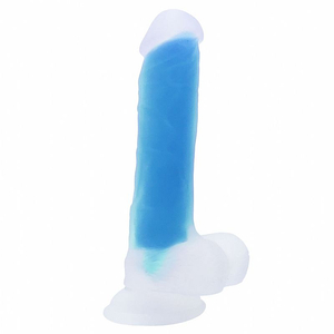 PÊNIS FLORESCENTE  / LUZ NEGRA / EM JELLY / COM TESTICULO E VENTOSA / LOVE TOY/  19 X  3,5 CM