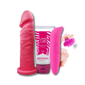 KIT PENIS REALÍSTICO, VIBRADOR GOLFINHO, DEDEIRA E LUBRIFICANTE