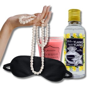 KIT ÓLEO PARA MASSAGEM, VELA BEIJAVEL, VENDA E COLAR