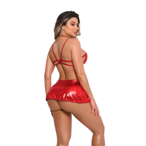 Conjunto Sensual Top, Saia, Calcinha e Choker com Corrente - Lycra Metalizada.
