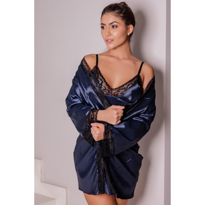 ROBE CURTO DE CETIM COM DETALHES EM RENDA - AZUL MARINHO - TAM G