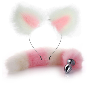 KIT - RABO DE RAPOSA COM TIARA DE ORELHAS ROSA COM BRANCO - TAMANHO P