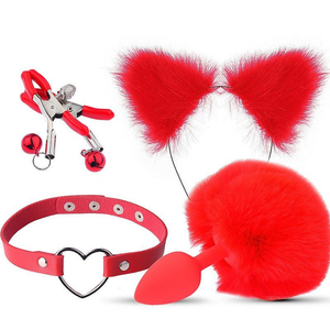 KIT - RABO DE COELHO COM TIARA DE ORELHAS, GRAMPOS PARA OS SEIOS EM METAL E GARGANTILHA VERMELHO - TAMANHO P