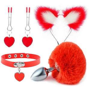 KIT - RABO DE COELHO COM TIARA DE ORELHAS E GRAMPOS PARA OS SEIOS EM METAL E GARGANTILHA VERMELHO - TAMANHO P