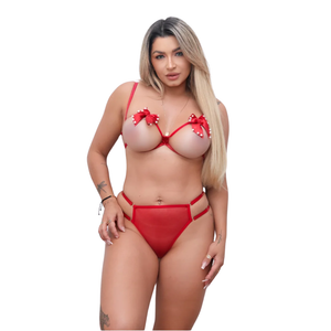 CONJUNTO BEIJO BORBOLETA COM PÉROLAS VERMELHO - TAM G