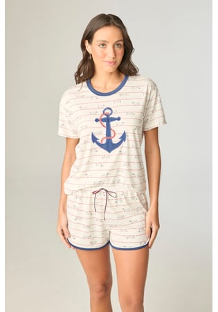 Pijama Feminino Listrado Com Short Naútico