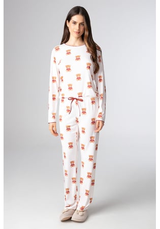 Pijama Feminino Longo Em Malha Peach Estampa Ursinhos