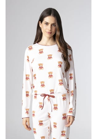 Pijama Feminino Longo Em Malha Peach Estampa Ursinhos