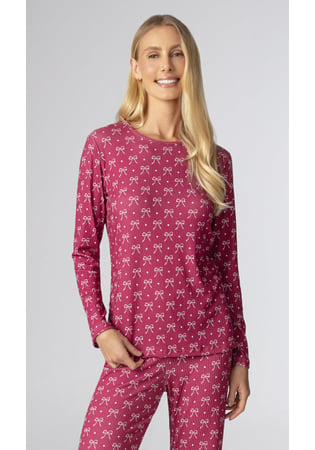 Pijama Feminino Longo Canelado Malha Peach Estampa Laços