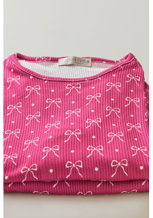 Pijama Feminino Longo Canelado Malha Peach Estampa Laços
