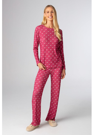 Pijama Feminino Longo Canelado Malha Peach Estampa Laços