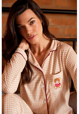 Pijama Feminino Longo Americano Xadrez Ursinho