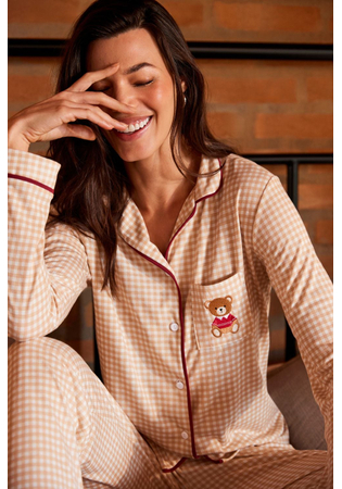 Pijama Feminino Longo Americano Xadrez Ursinho