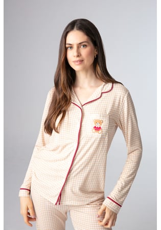 Pijama Feminino Longo Americano Xadrez Ursinho