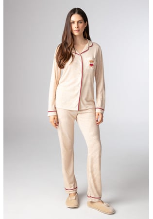 Pijama Feminino Longo Americano Xadrez Ursinho